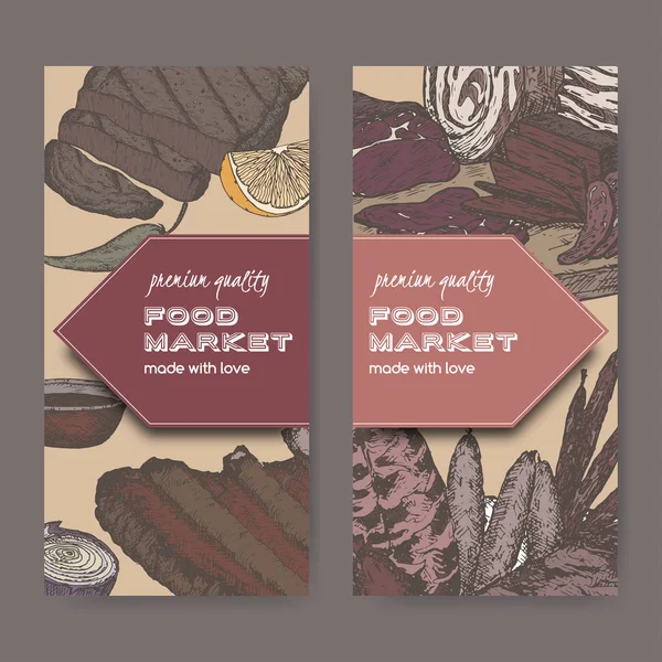 Два цветных ярлыка на рынке продуктов питания с мясными деликатесами на основе эскизов вручную . — стоковый вектор