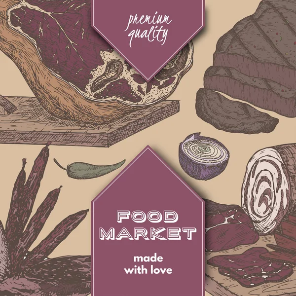 Modello di mercato alimentare a colori con prelibatezze di carne a base di schizzi disegnati a mano . — Vettoriale Stock