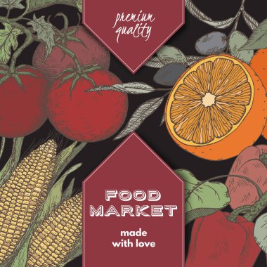 Renk gıda pazarı etiketi şablonu el çizilmiş kroki meyve ve sebze ile.