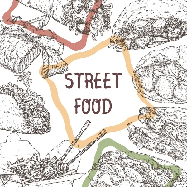 Plantilla de comida callejera con bocetos de platos tradicionales . — Archivo Imágenes Vectoriales
