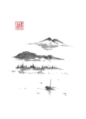 Japon tarzı sumi-e dağ gölü mürekkep boyama.