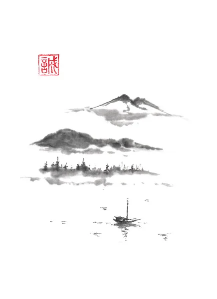 Japon tarzı sumi-e dağ gölü mürekkep boyama.