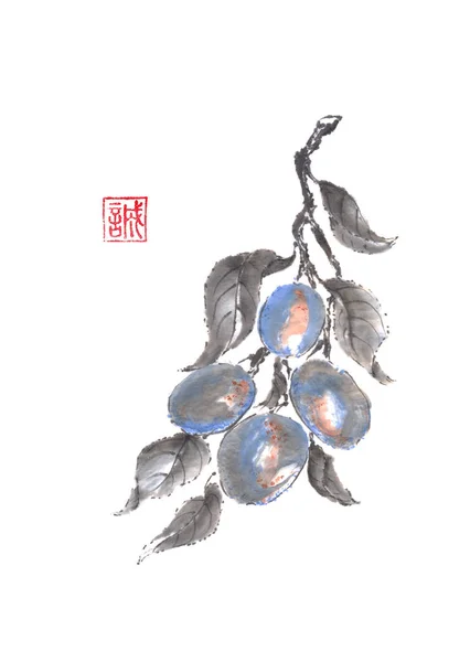 Lukisan sumi-e cabang buah plum gaya Jepang . — Stok Foto