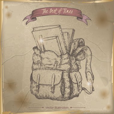 Eski kağıt arka plan üzerinde Vintage öğrenci sırt çantası çizilmiş kroki.