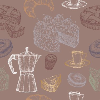 Renk el çekilmiş çay, kahve ve pasta seamless modeli