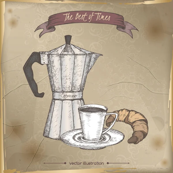 Урожай еспресо виробник і кавових чашок кольоровий ескіз . — стоковий вектор