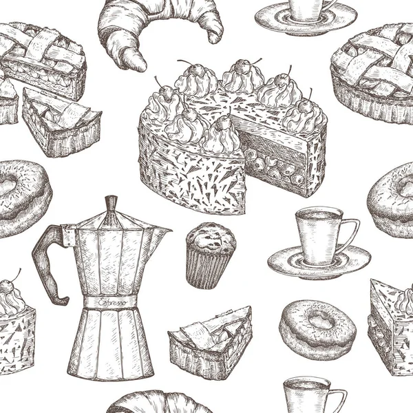 Café desenhado à mão e sobremesa sem costura padrão — Vetor de Stock