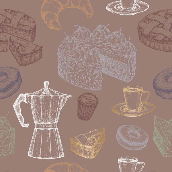 Hand getrokken thee, koffie en gebak naadloze kleurenpatroon — Stockvector