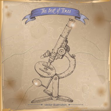 Antika mikroskop el çizilmiş kroki eski kağıt arka plan üzerine yerleştirilen.