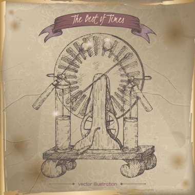 Eski kağıt arka plan üzerine yerleştirilen antika elektrik jeneratör modeli kroki.