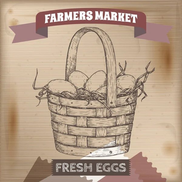 Etiqueta de mercado de agricultores vintage con cesta de huevo . — Archivo Imágenes Vectoriales