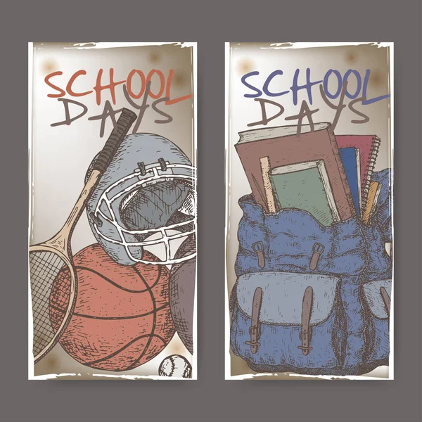 Dois banners com esboços de cores relacionados à escola com equipamento esportivo e mochila . — Vetor de Stock