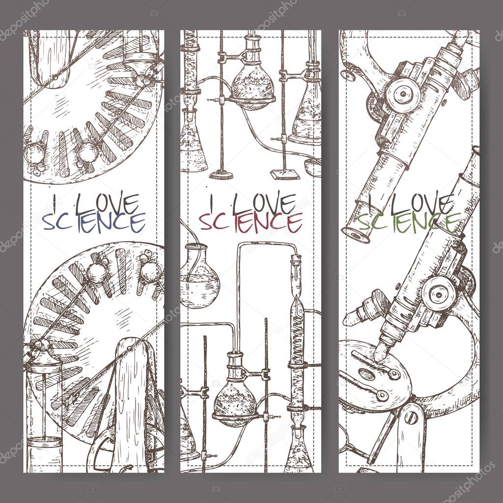 Three banners with hand drawn science equipment sketch.