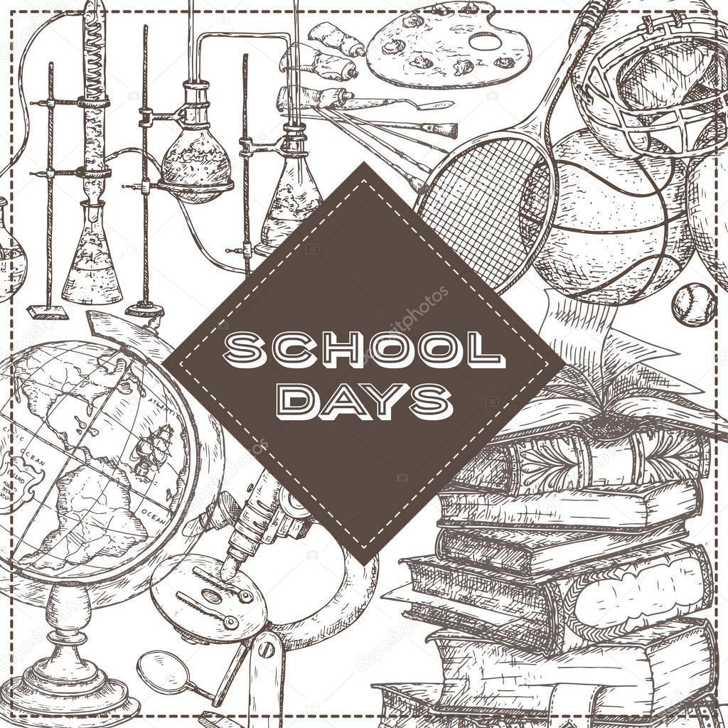 School days template with art, sport, science, literature related objects.