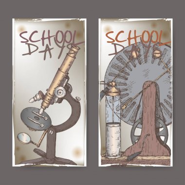 Two color banners with school related sketches featuring microscope and electric generator model. clipart