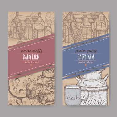 Çiftlik evi, süt sahip iki mandıra Dükkanı etiketi olabilir, kupa ve plaka peynir.