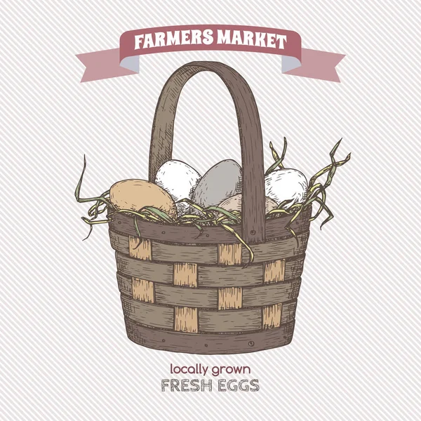 Etiqueta de mercado de los agricultores color con cesta de huevo . — Archivo Imágenes Vectoriales