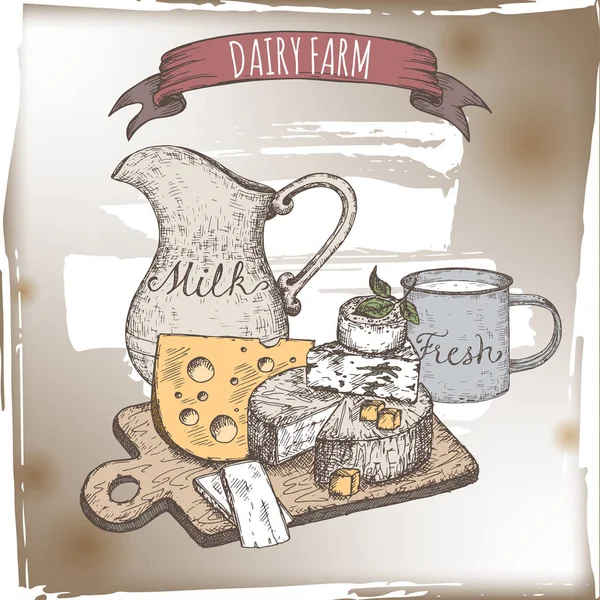 Modelo de fazenda leiteira com prato de queijo, jarro de leite e xícara . — Vetor de Stock