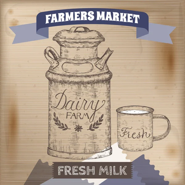 Rótulo de mercado de agricultores vintage com lata de leite de metal e caneca de esmalte . — Vetor de Stock