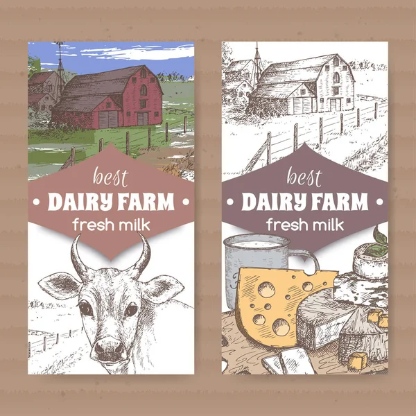 Duas etiquetas de leite de cor com casa de fazenda, vaca, queijo, copo de leite no branco . — Vetor de Stock