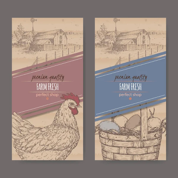 Två etiketter med bondgård, kyckling och ägg på kartong konsistens. — Stock vektor