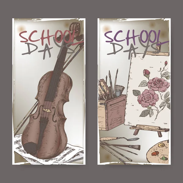 학교와 2 개의 배너 관련 미술 도구와 바이올린 칠판 배경 컬러 스케치. — 스톡 벡터