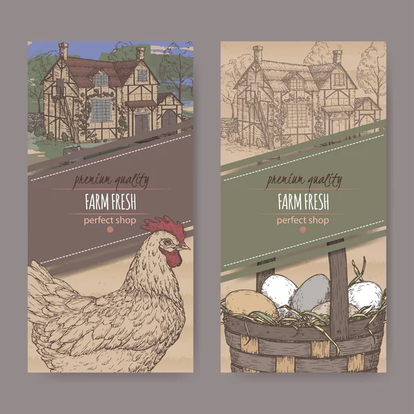 Deux étiquettes avec la couleur ferme traditionnelle, poulet et oeufs sur la texture de carton . — Image vectorielle