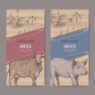 İki Dükkanı etiketlerle çiftlik evi, ahır, inek ve domuz çiftliği.