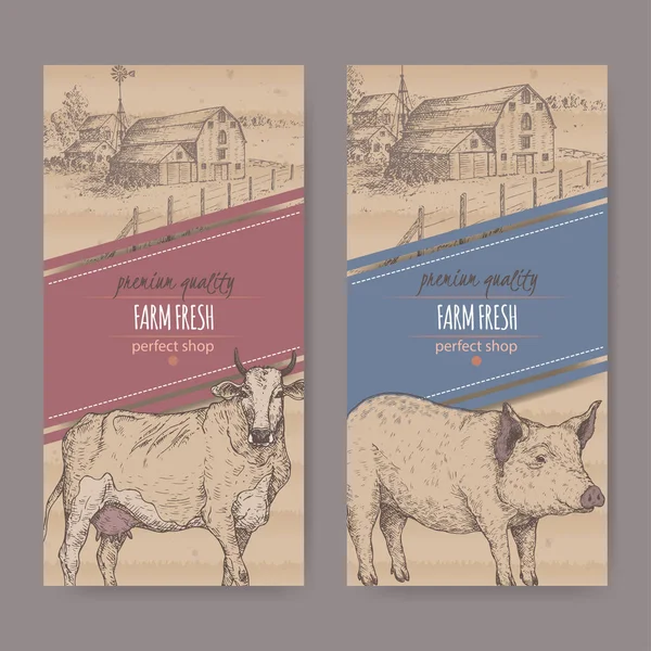 İki Dükkanı etiketlerle çiftlik evi, ahır, inek ve domuz çiftliği. — Stok Vektör