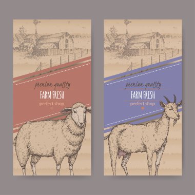 Çiftlik evi, ahır, koyun ve keçi sahip iki basit çiftlik Dükkanı etiketi.