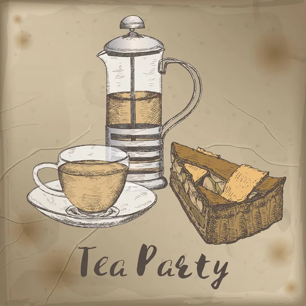Кольоровий чайний прес, чашка і шматочок пирога ескіз, розміщений на старовинному фоні . — стоковий вектор