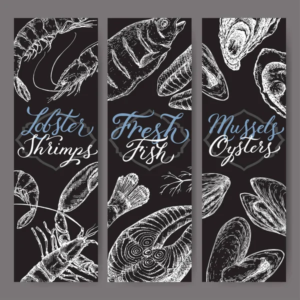 Tre fisk och skaldjur etiketter med skisser och borste kalligrafi — Stock vektor