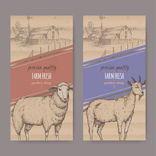 Çiftlik evi, ahır, koyun ve keçi sahip iki basit çiftlik Dükkanı etiketi.
