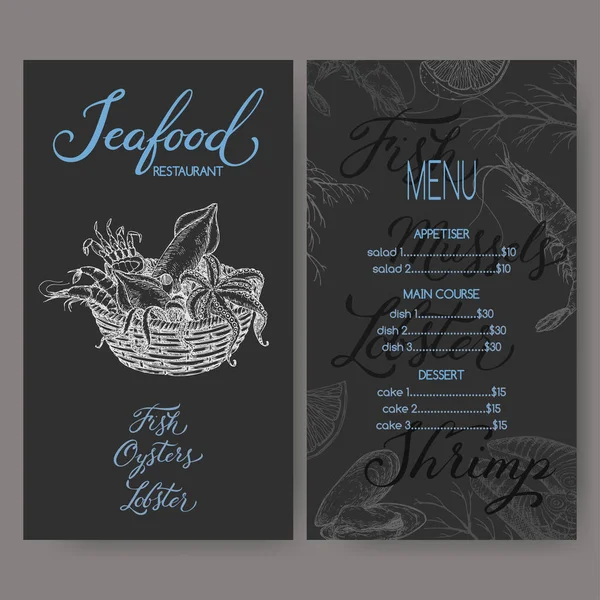 Шаблон меню ресторана с эскизом корзины с морепродуктами, жареной рыбой и каллиграфией на черном — стоковый вектор