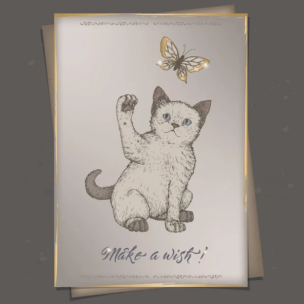 Modèle de carte d'anniversaire vintage couleur A4 romantique avec calligraphie, chaton et croquis papillon . — Image vectorielle