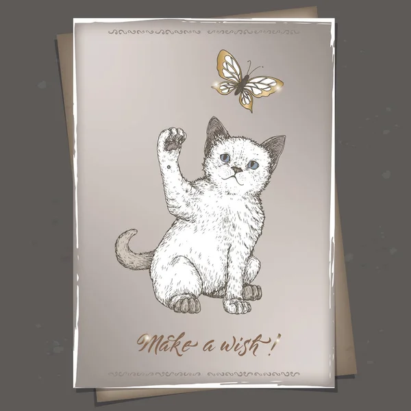 Modèle de carte d'anniversaire vintage au format A4 romantique avec calligraphie, chaton et croquis papillon . — Image vectorielle