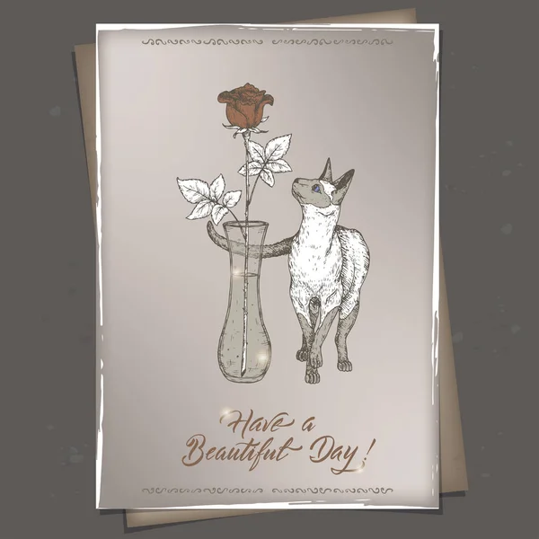 Ρομαντικά Α4 μορφή vintage γενέθλια κάρτα πρότυπο με την καλλιγραφία, γάτα και τριαντάφυλλο στο βάζο σκίτσο. — Διανυσματικό Αρχείο