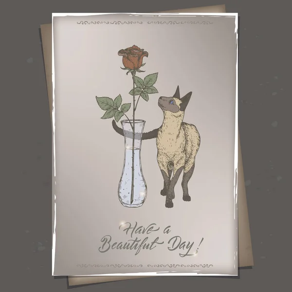 Plantilla romántica de tarjeta de cumpleaños vintage en formato A4 con caligrafía, gato y rosa en bosquejo florero . — Vector de stock