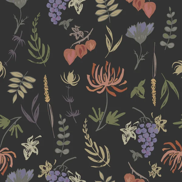 シームレスなパターンに基づいて色手描きのインク秋葉、花、ハーブ、果実 — ストックベクタ