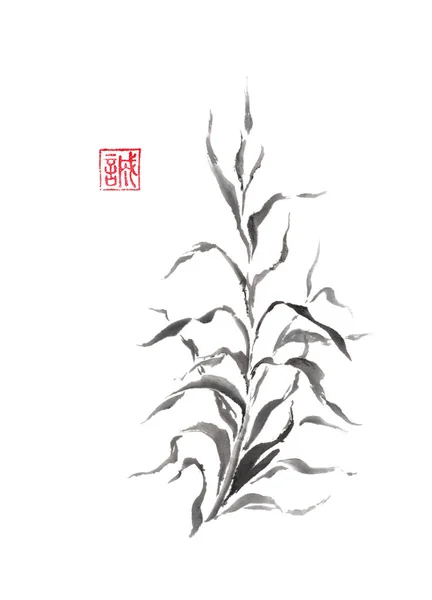 Style japonais sumi-e dracaena germination branche peinture . — Photo