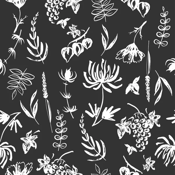 Patterm sans couture noir et blanc à base d'encre peinte à la main feuilles d'automne, fleurs, herbes et baies — Image vectorielle