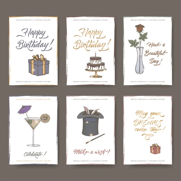 Set van zes A4 formaat kleur vintage verjaardagskaarten met kalligrafie, cadeau, taart, bloem, cocktail, magic hat schets. — Stockvector