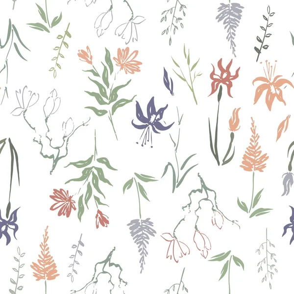 Patterm sans couture basé sur la couleur peinte à la main feuilles d'encre, fleurs et herbes avec magnolia et iris . — Image vectorielle