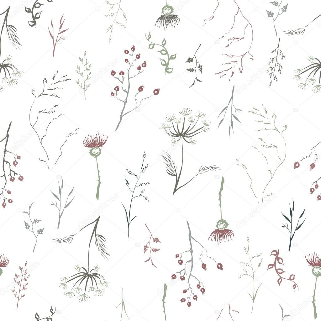 Seamless patterm based on color hand painted ink leaves, flowers and herbs with rosehip, thistle and dill.