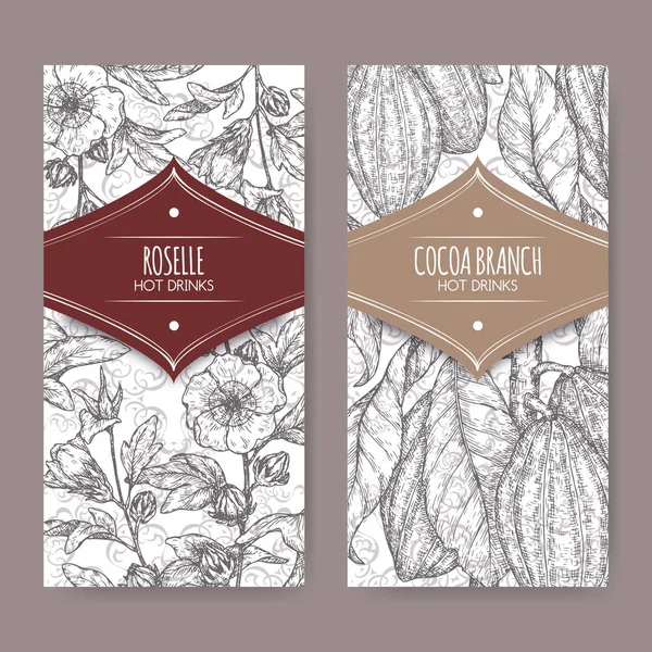 Set de dos etiquetas con Roselle aka Hibiscus sabdariffa y Cocoa tree aka Theobroma cacao branch sketch . — Vector de stock