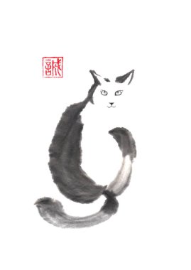 Kedi boyama Japon tarzı özgün sumi-e mürekkep geri seyir.