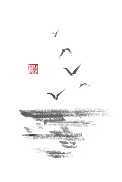 Gabbiani di mare volanti Pittura a inchiostro sumi-e originale in stile giapponese . — Foto Stock