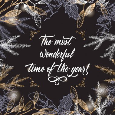 Vintage Noel ökseotu, dekoratif şablonuyla çam dalları ve fırça yazı tatil.