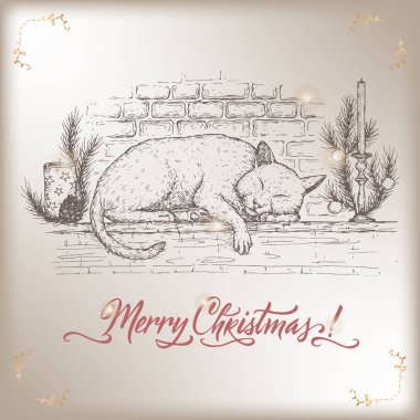 Vintage Noel kartı ile dekore edilmiş Şömine Şömine üzerinde uyuyan kedi ve tatil fırça yazı