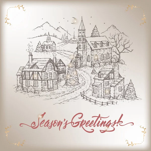 Tarjeta de Navidad vintage con letras de pueblo de montaña y cepillo de vacaciones — Vector de stock